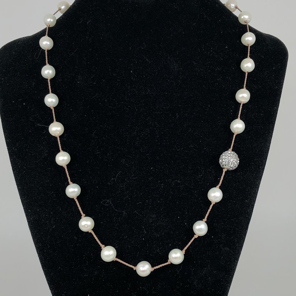 Pearls on Knotted Silk w CZ Studded Bead